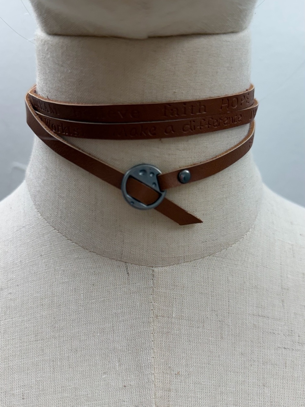 Brown Wrap Choker Necklace Faux Leather Inspirational Words Boho Buckle